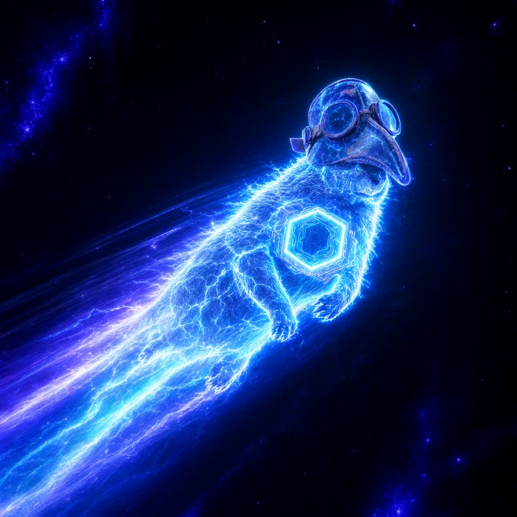 A groundhog in a leather beak mask and aviator goggles, glowing with electric-blue energy, flying through space