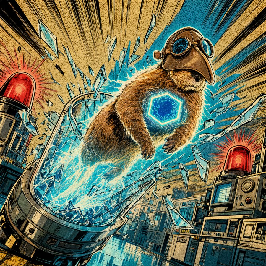 Comic panel: the groundhog bursts out of a shattered containment tube